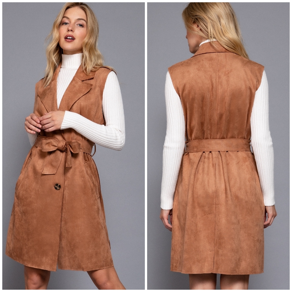 Gorgeous Faux Suede Caramel Longline Oversized Vest - Picture 5 of 9